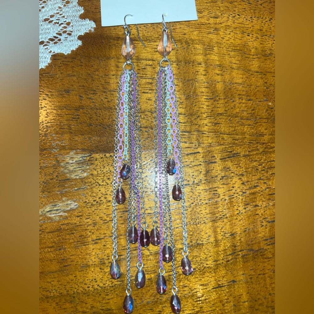 GUESS, Chain/Beaded Dangling Earrings. Silver/Pink/Lavender/Sky Blue Shades.